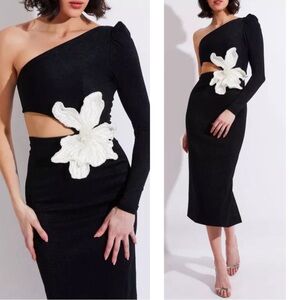 PATBO One Shoulder Long Sleeve Beaded Flower Applique Black Midi Dress Size 6